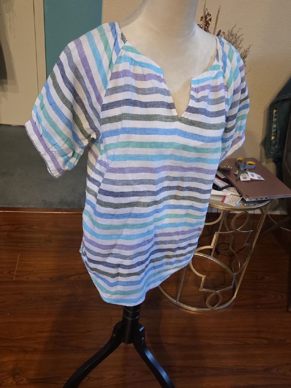 Talbots Striped Linen Top in Aqua, Lavender & Gray